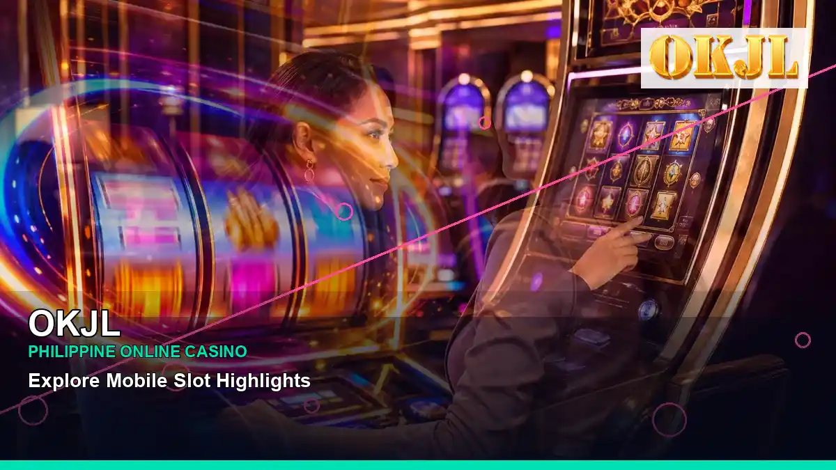 OKJL party online slot games featuring an adult Filipina casino host with a layered collage composition — view 2