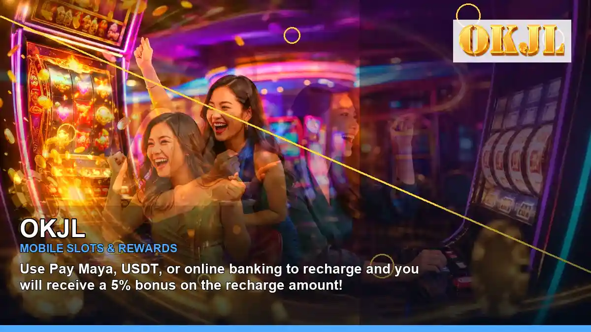 OKJL lucky reels online slot games featuring an adult Filipina casino host with a right-diagonal composition